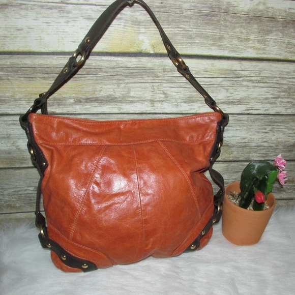 Tasche Handbags - Tasche Orange Distressed Leather Brown Stud Hobo